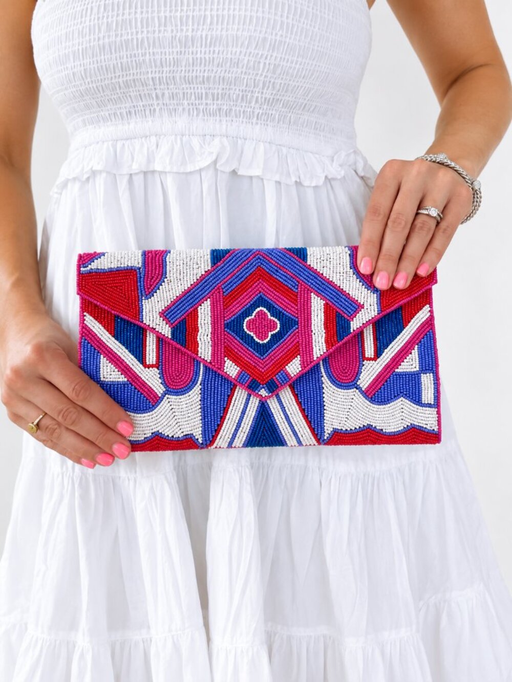 The Shape of Things Fuchsia and Blue Seed Beaded Crossbody Clutch Bag Handbag